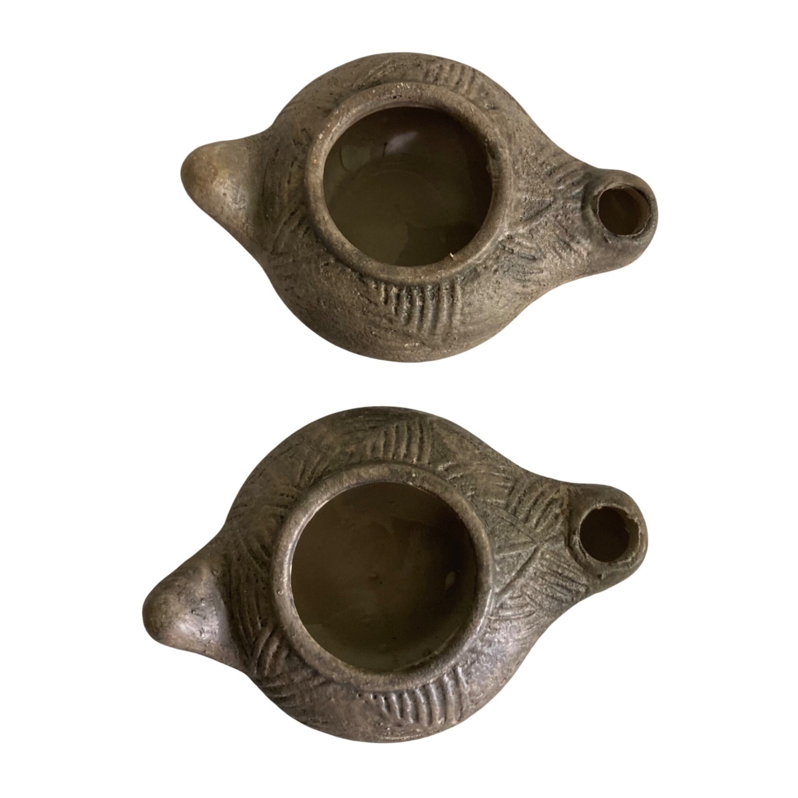 Pair Of Holy Land Ceramic Oil Lamp Style Candle Holder With Engraved Details