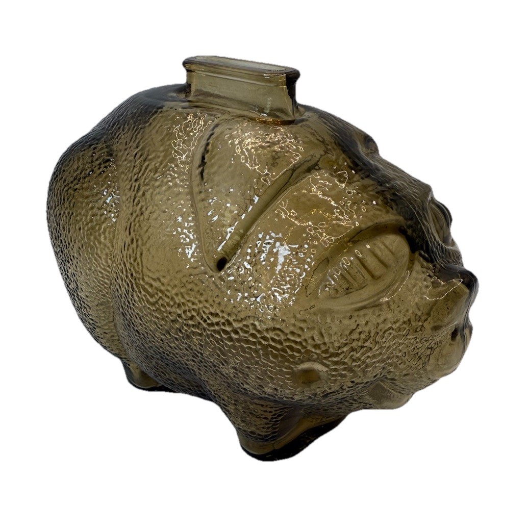 Vintage Anchor Hocking Smoky Amber Brown Glass Piggy Bank Smiling Happy Pig 6”