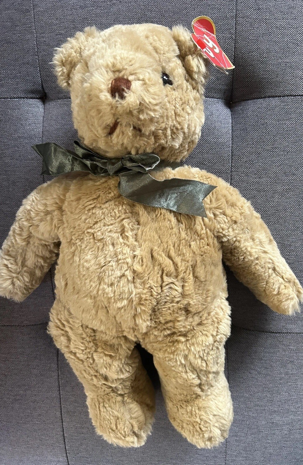 Rare Large 17” Ty Ramples Classic Brown Teddy Bear Green Ribbon Tie Plush
