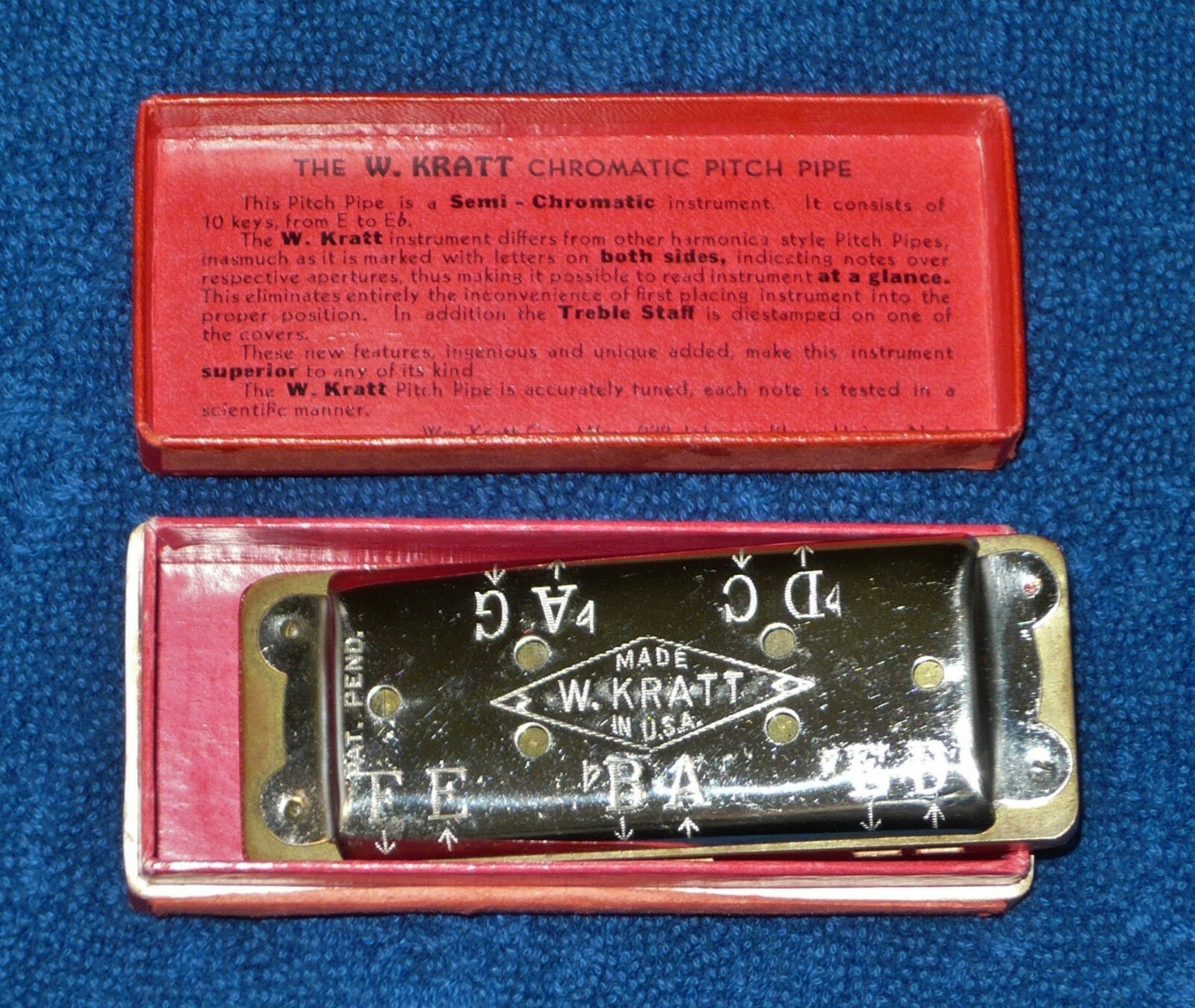 Antique Kratt Early Patent? Wooden Body Harp Style Pitch Pipe & Original Box Exc