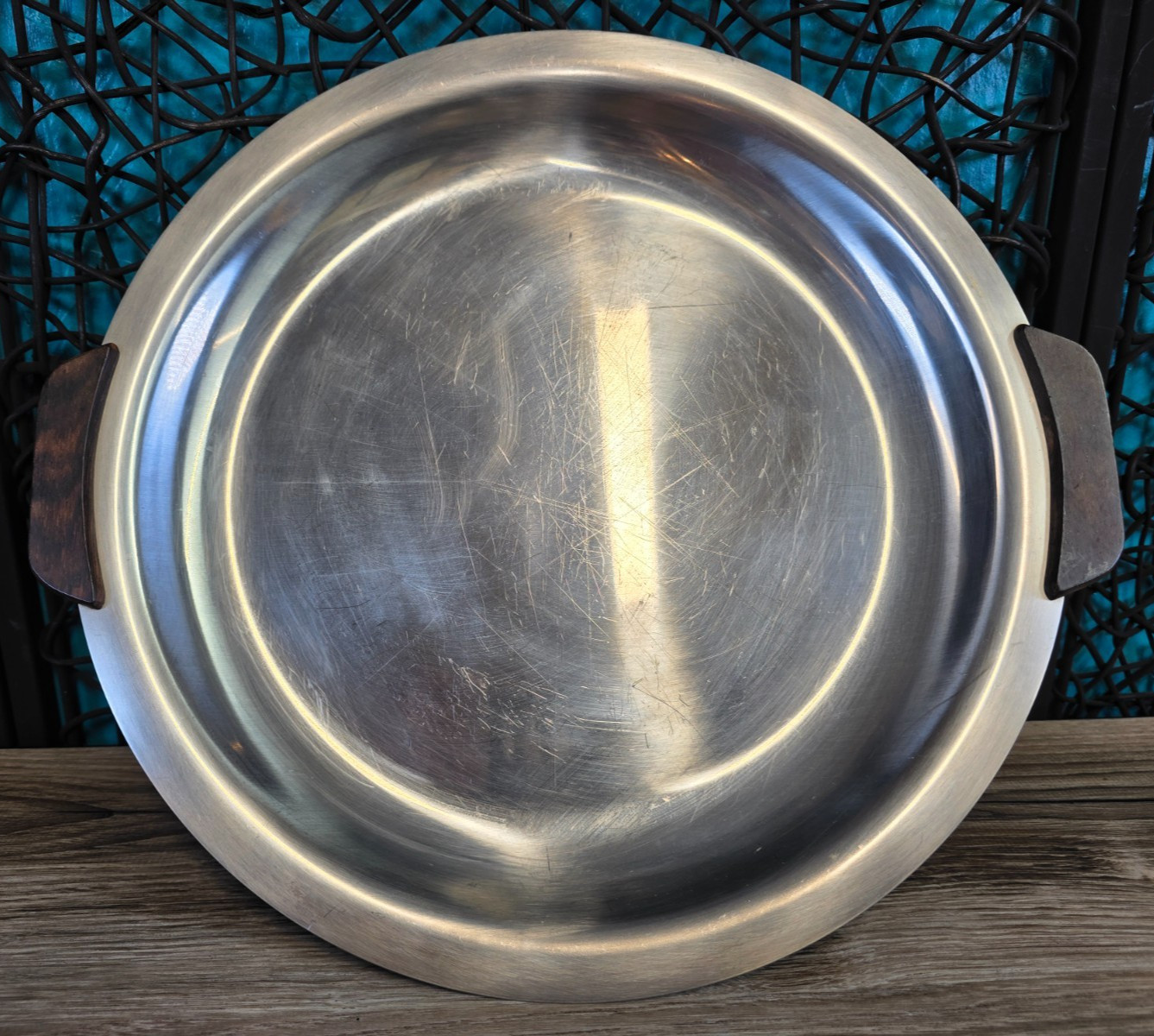 Vintage Stelton Danish Stainless Steel 18/8 Round Serving Tray Wood Handles MCM