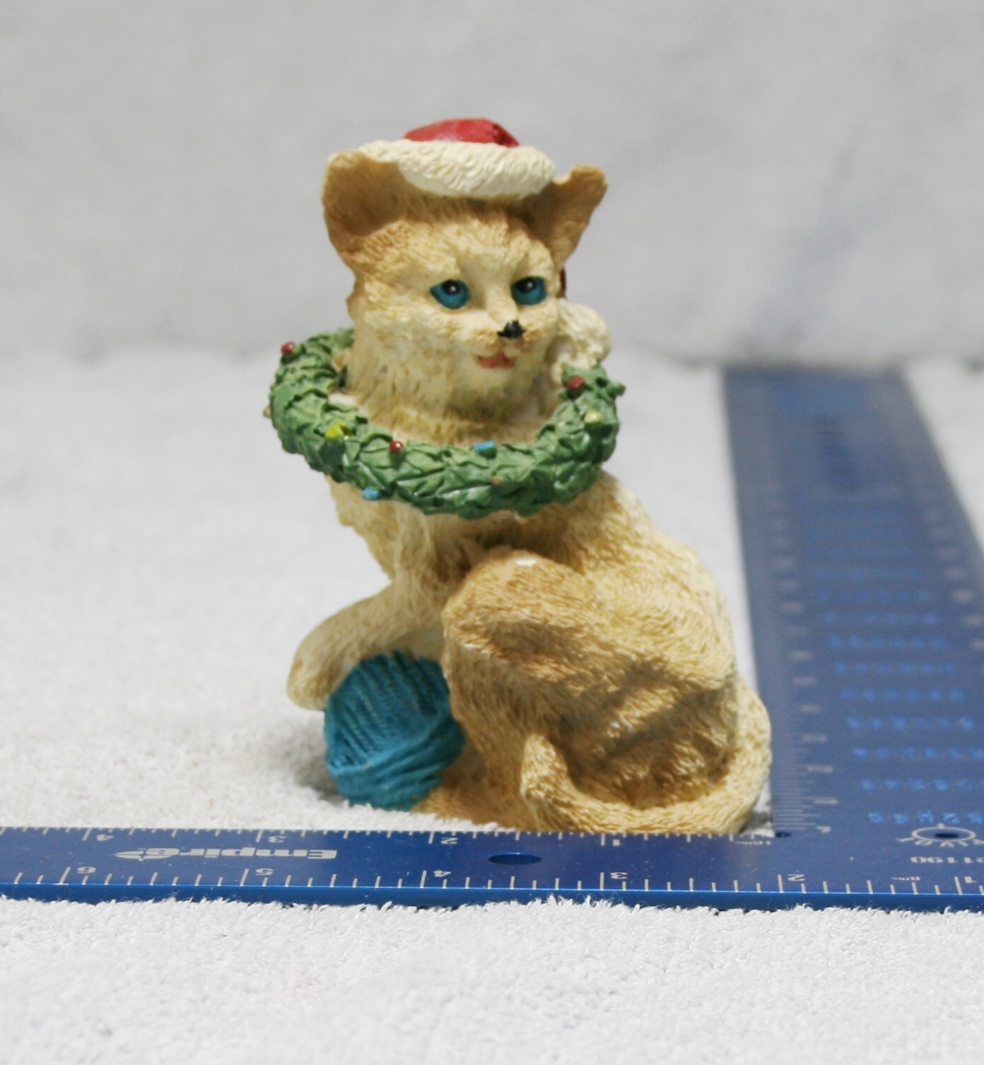 Cat with Christmas Wreath around neck, ball of yarn Figurine Resin 3.5” tall