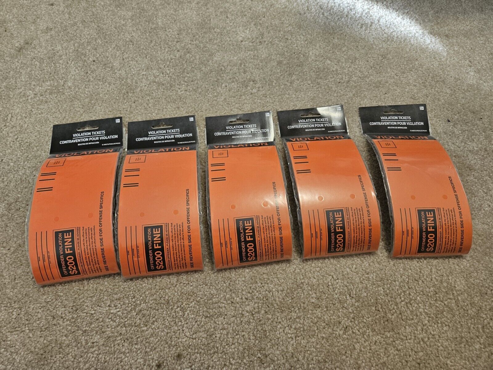 Five (5) 15 packs Orange Violation Gag Tickets - Traffic or Parties
