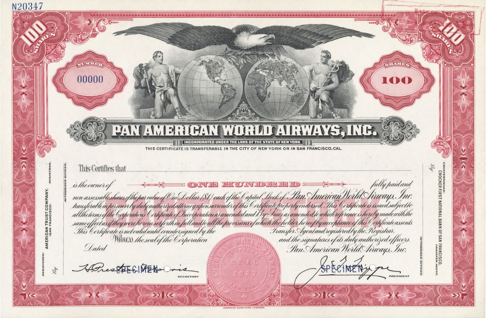 Pan American World Airways, Inc. Stock Certificate.