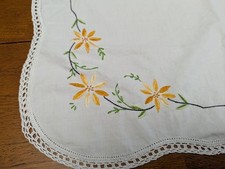 Vintage Tray Cloth Handmade Embroidery Crochet Edge Yellow Flowers Runner 23x23"