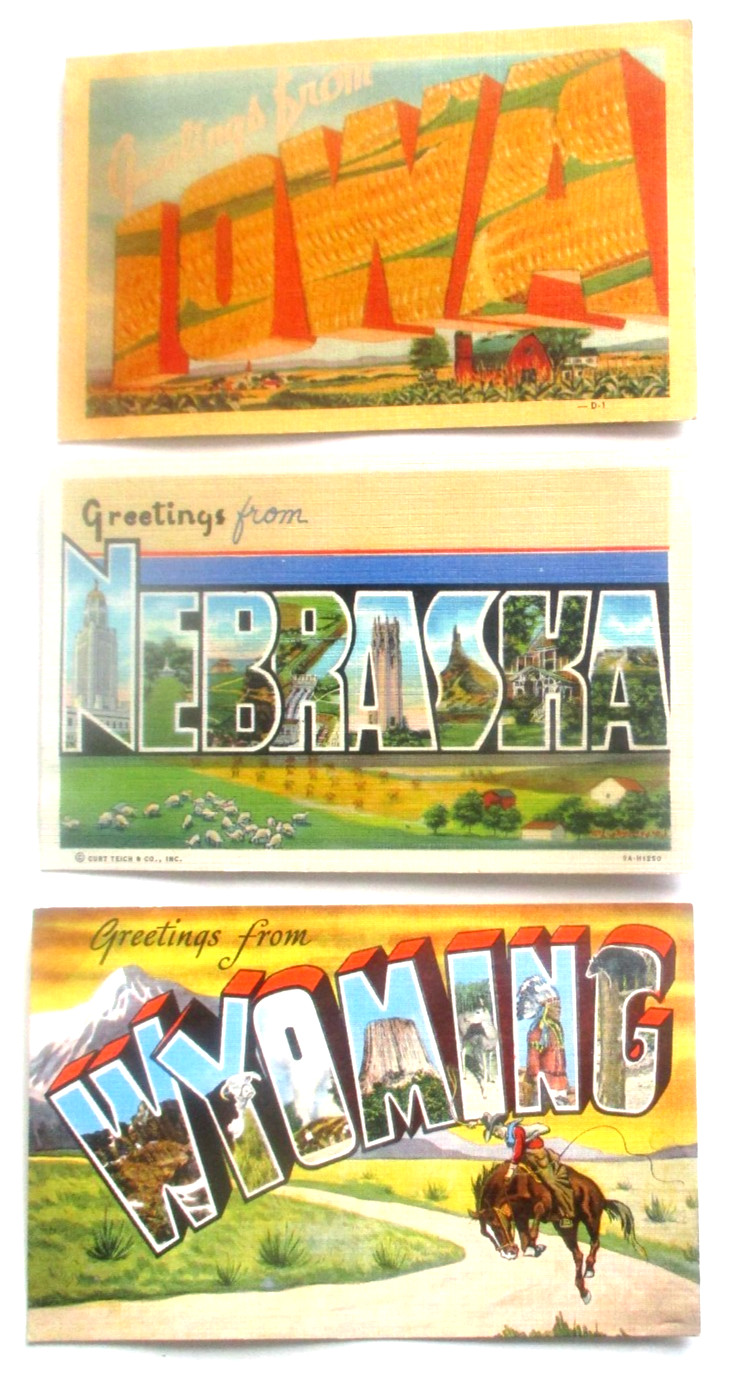 3 postcards of GREETINGS from MID WEST STATES IOWA, NEBR, & WYO. IN BIG Pictures