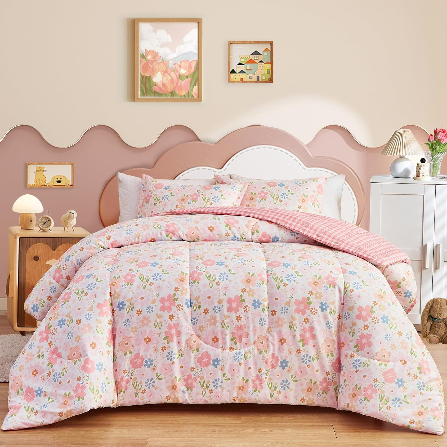 3Pcs Floral Cotton Comforter Set for Girls, Pink Flowers Design, Twin Size Soft 