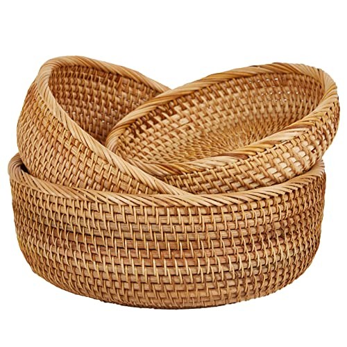Natural Rattan Round Fruit Basket Bowls, Hand Woven Decor Serving Round-Combo