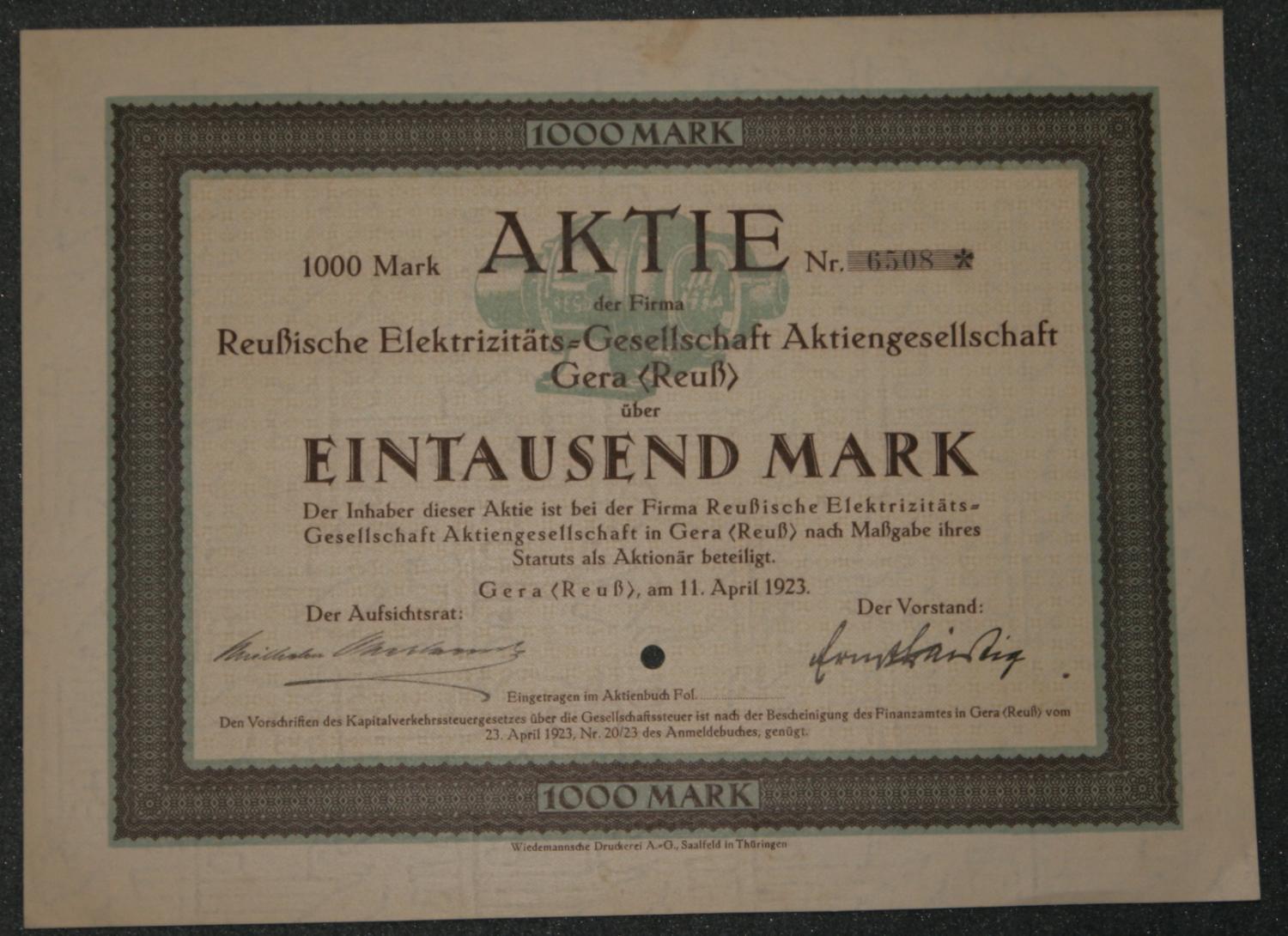 Reussische Elektrizitäts-Gesellschaft Aktiengesellschaft 1923 1000 Mark