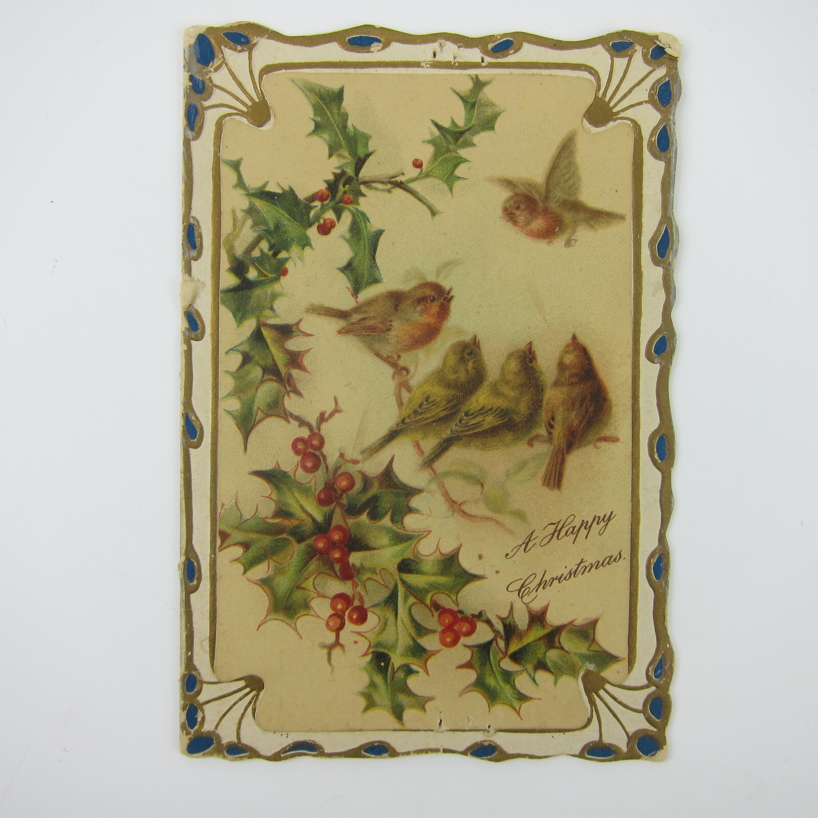 Antique Christmas Card Birds Tree Branch Holly Berries Embossed Bifold UNSIGNED