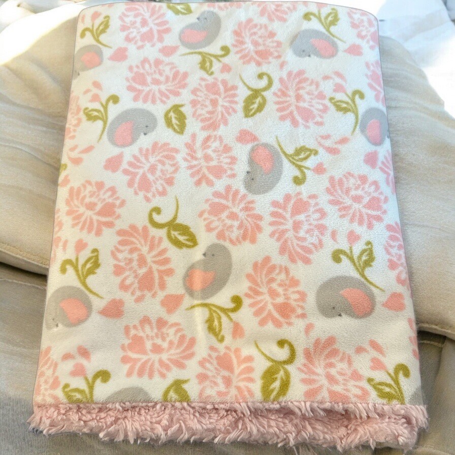 Blankets and & Beyond Pink Flowers Gray Birds Plush Baby Blanket Security 28x31-