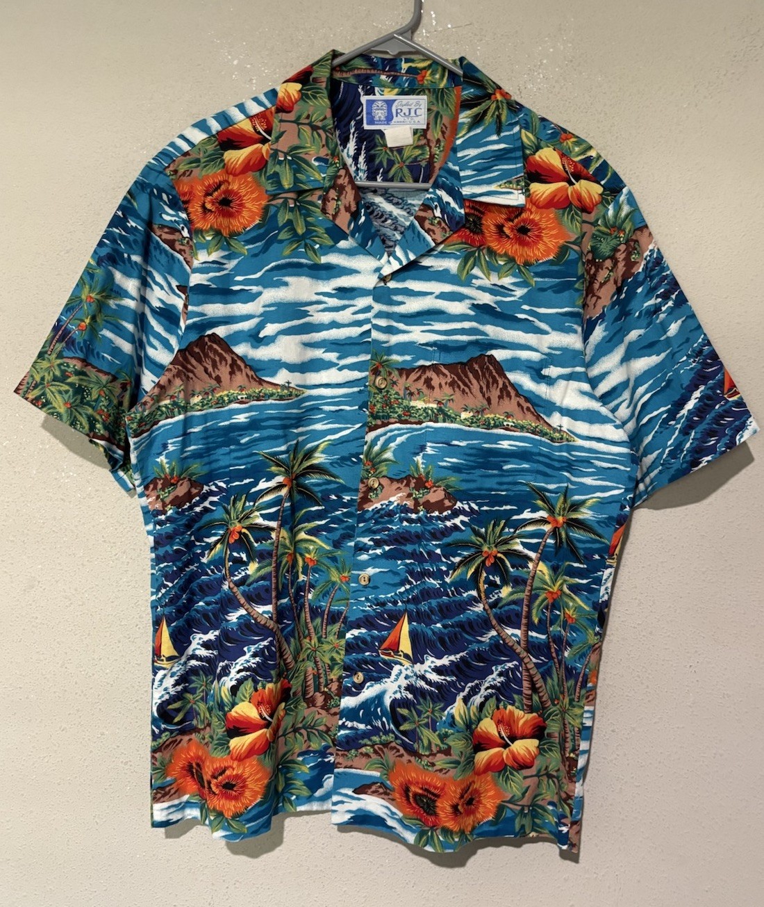 Vtg Hawaiian Island Map Diamond Head Button Shirt by RJC Made in Hawaii E4
