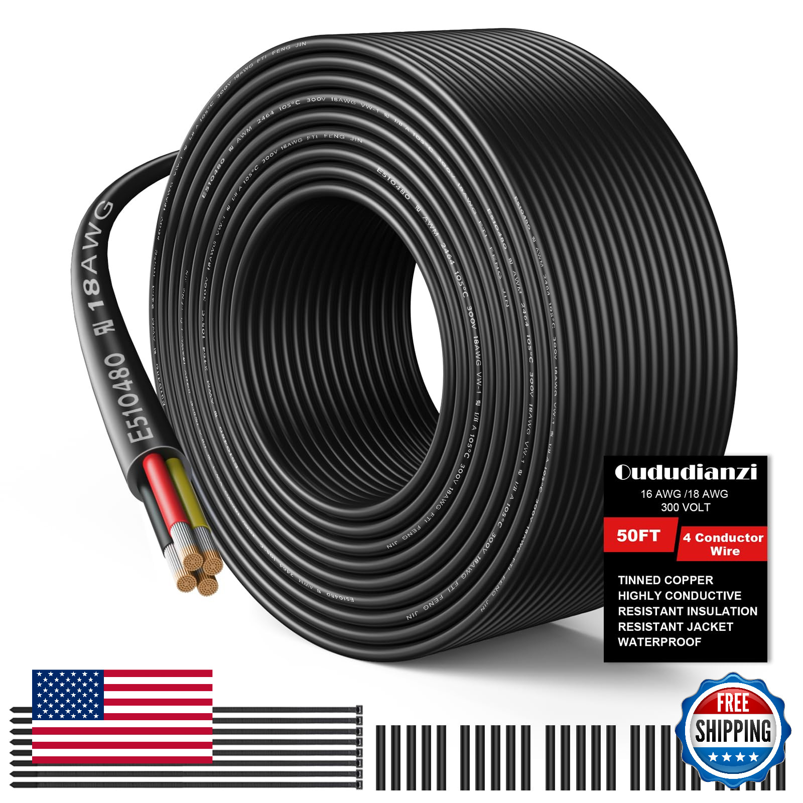16 AWG 4 Conductor Electrical Wire Stranded PVC Cord - 50ft 12V Low Voltage