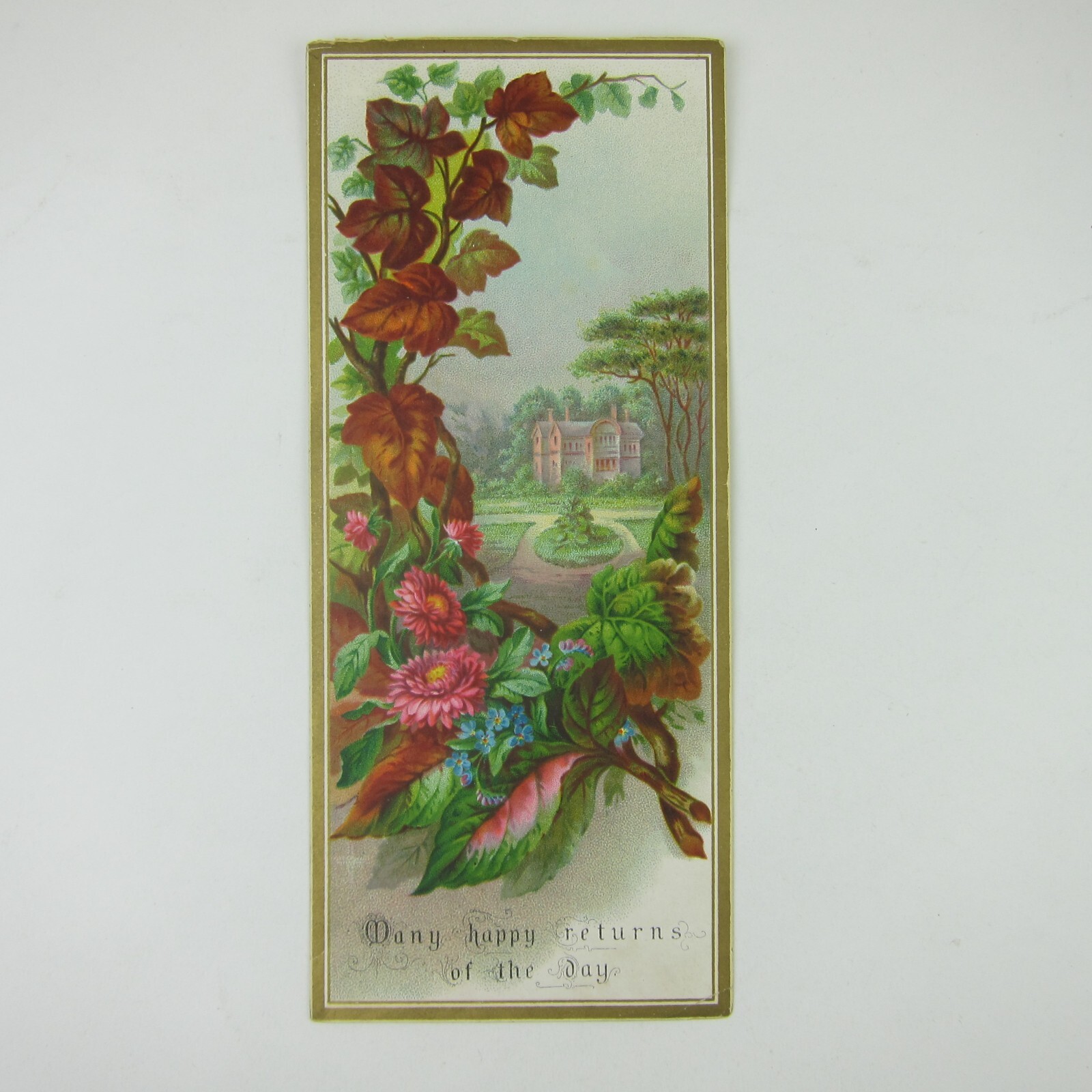 Victorian Greeting Card Georgian House Mansion Pink Flowers Leaves Happy Returns