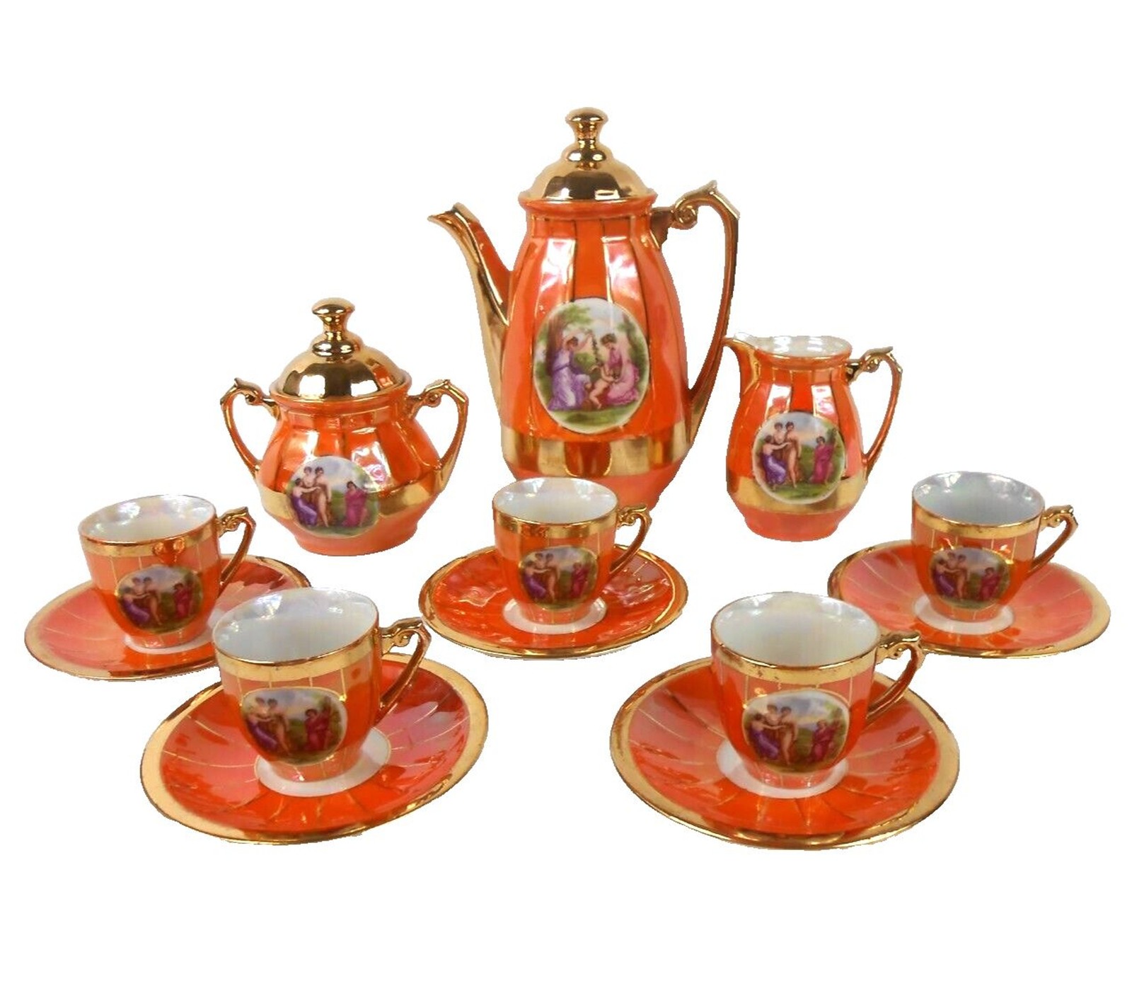 Antique JB&W NY Germany Espresso Demitasse Set Orange Cup Saucer Pot Cream Sugar