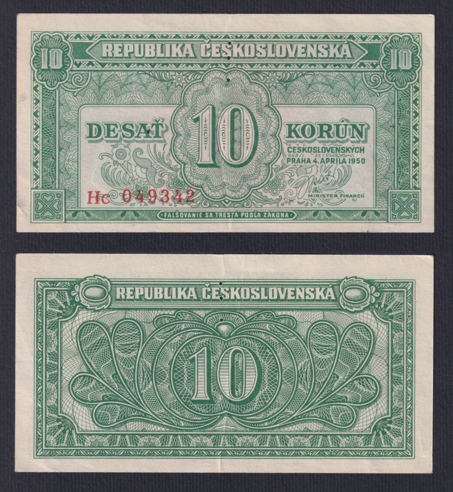 Banknote Czechoslovakia 10 korun 1950 P.-69s Specimen SPL+/XF+