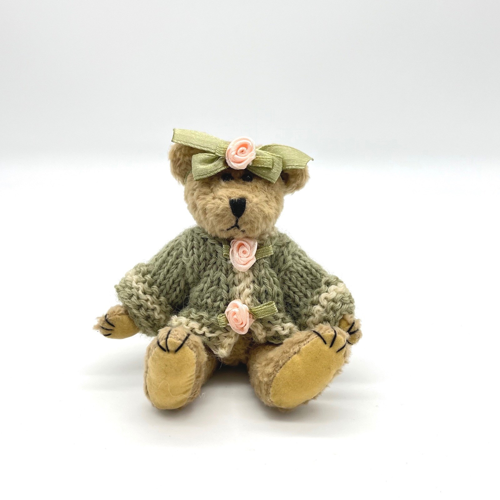 Bearington Collection 5" Miniature Jointed Teddy Bear Green Knit Sweater Roses