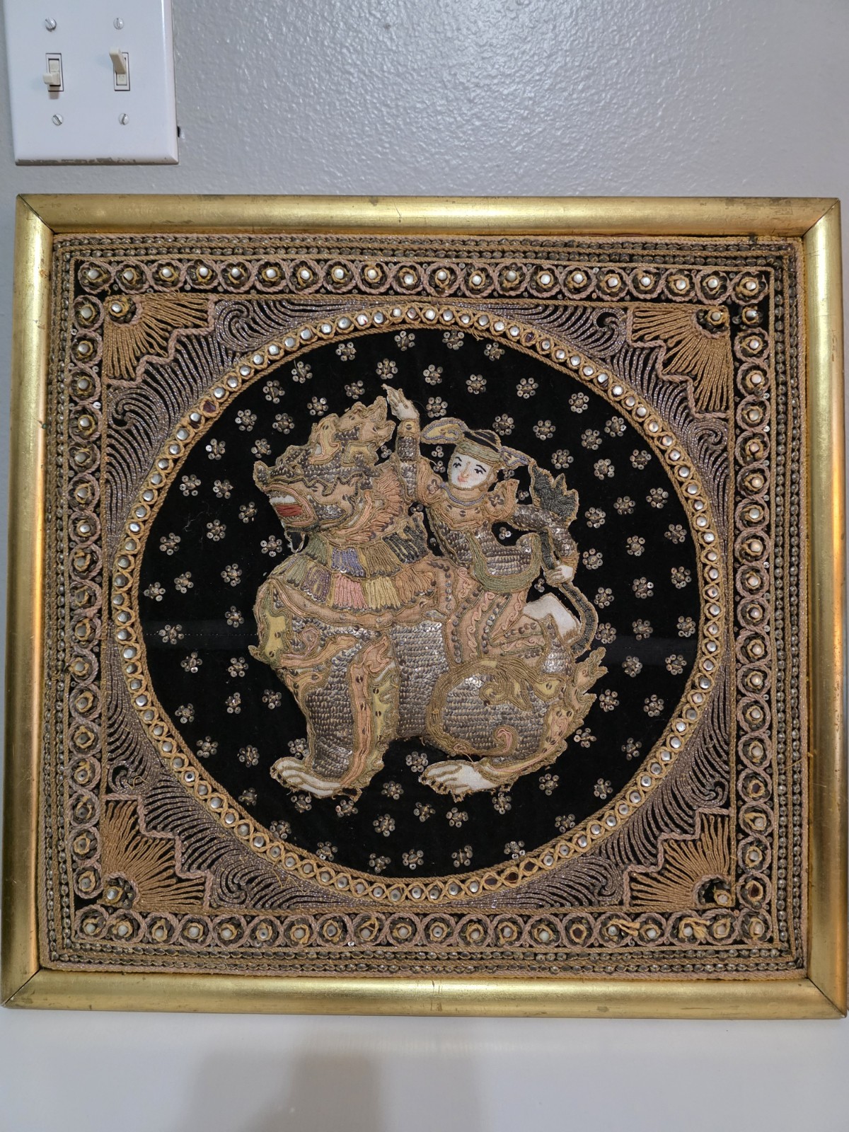 1920s Framed Burmese Kalaga Embroidered Mythical Creature Tapestry Art