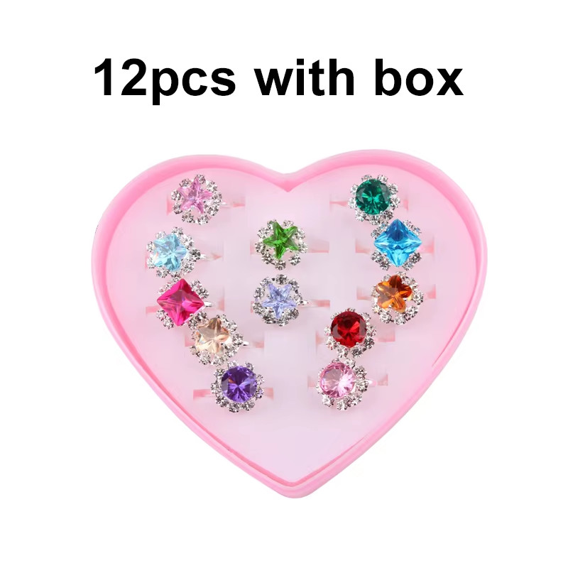 12/36PCS Adjustable Rings Diamond Style with Box Children Birthday Gift Pretend 