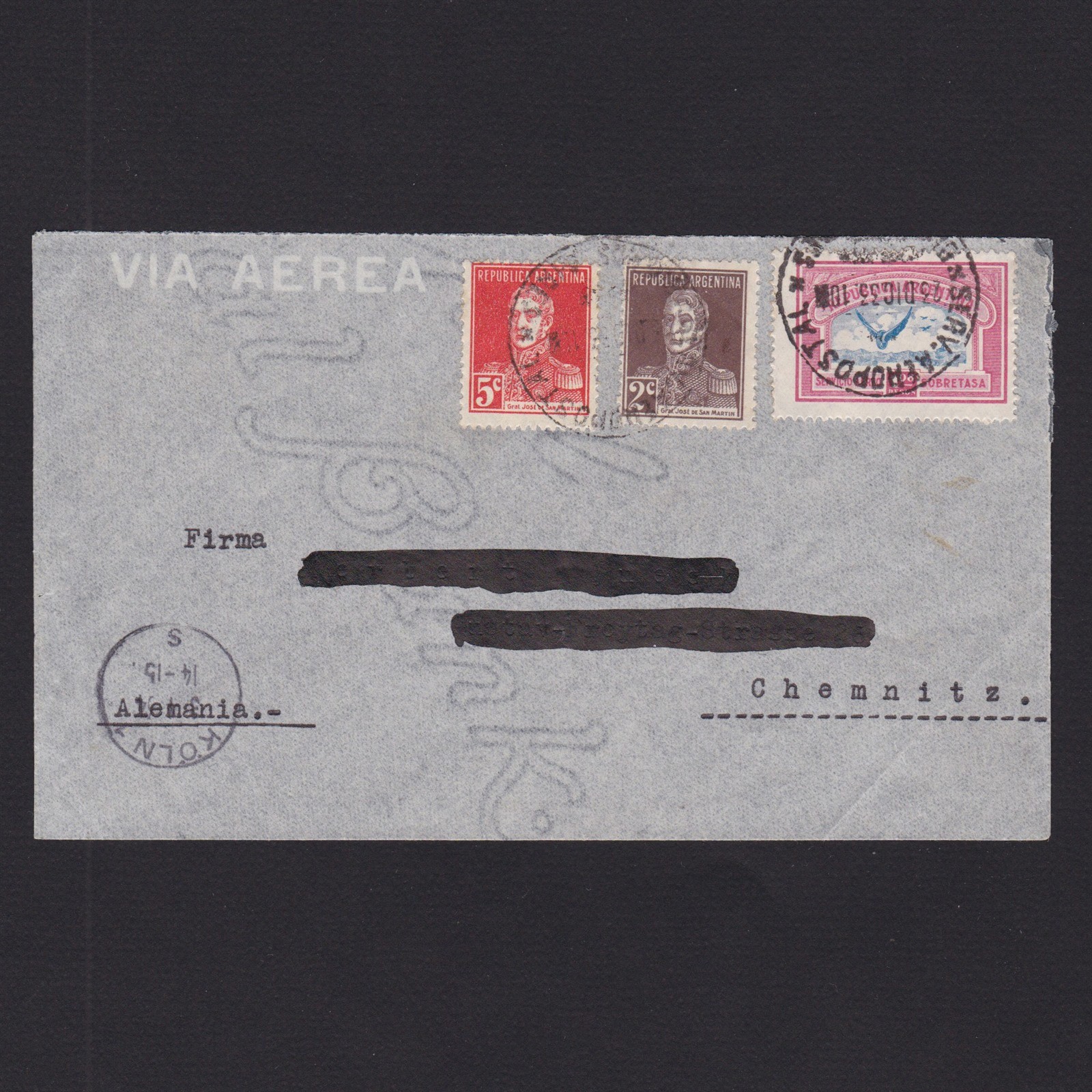 ARGENTINA 1933, Air mail Buenos Aires to Chemnitz Germany via Cologne
