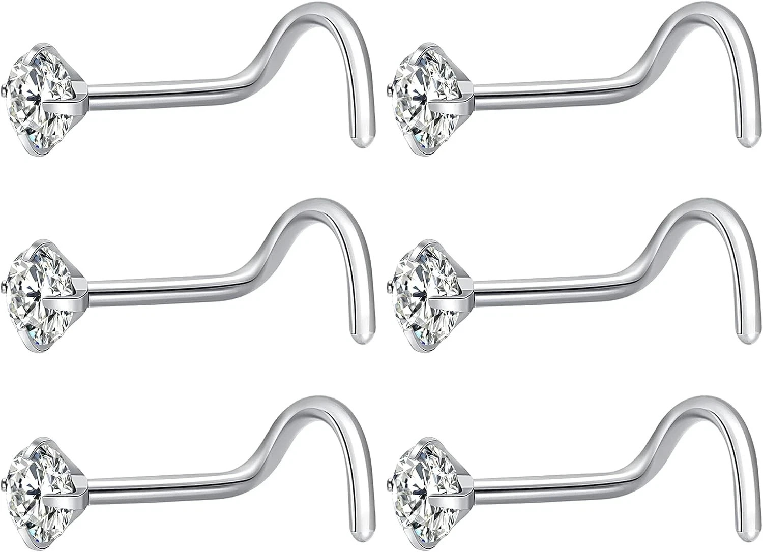 6Pcs Nose Rings Studs Corkscrew 18 Gauge Piercing Jewelry Real Nose... 