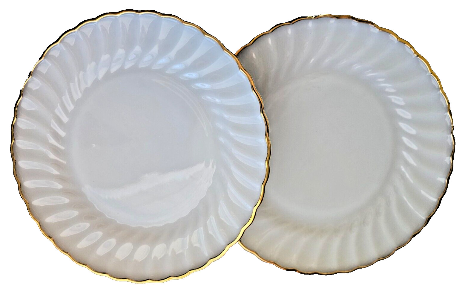 Vintage Lot of 2 Anchor Hocking Fire-King White Swirl Gold Trim 9” Plates USA