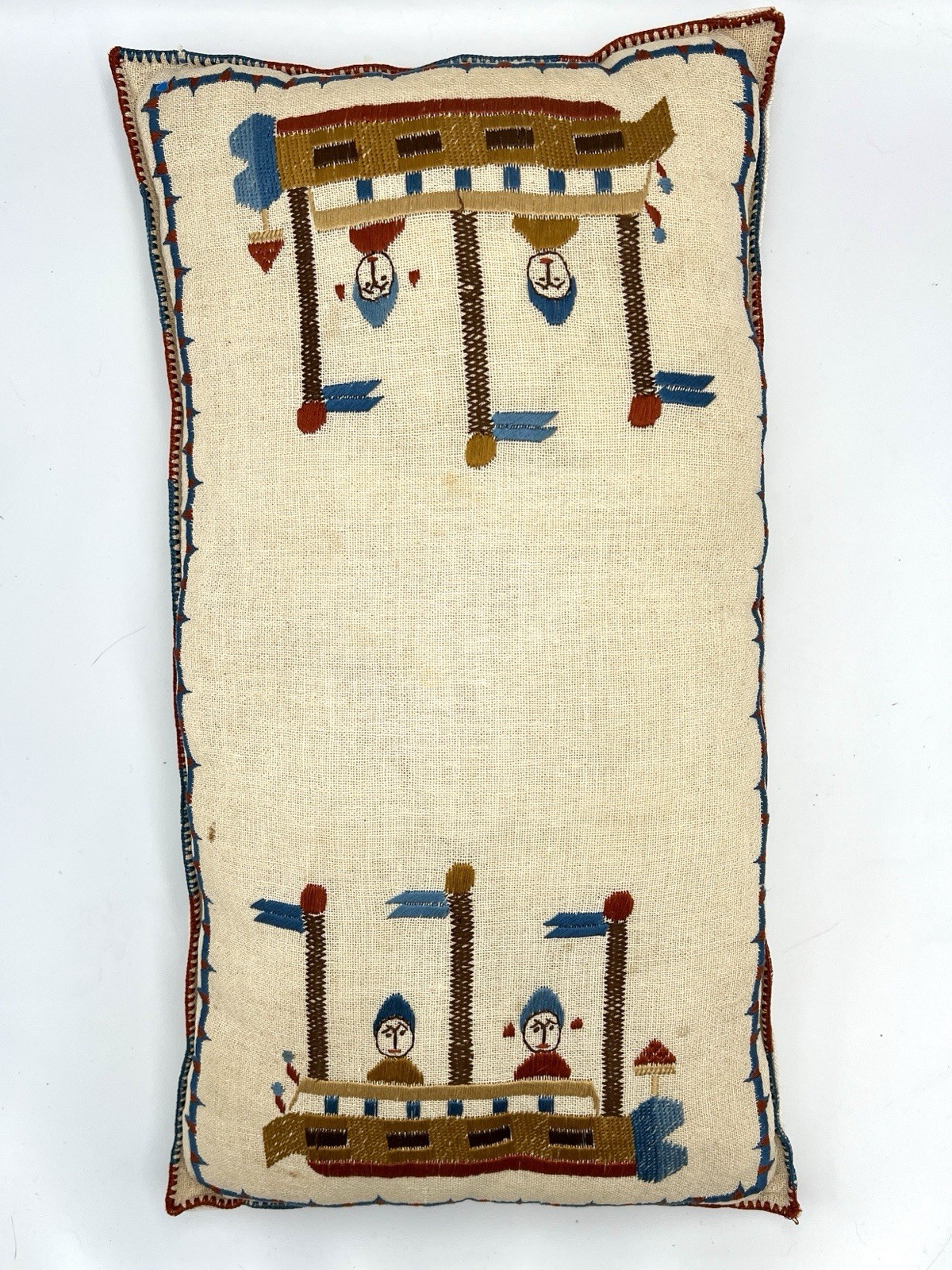 Folk Art Embroidered Pillow Figures in Boat 20”x11”