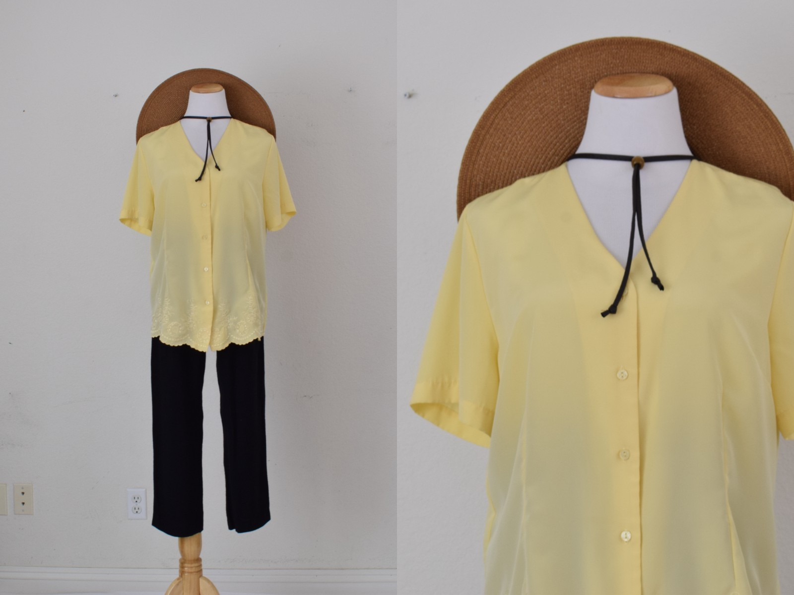 Vintage 90s Yellow Polyester Embroidered Blouse | size Large