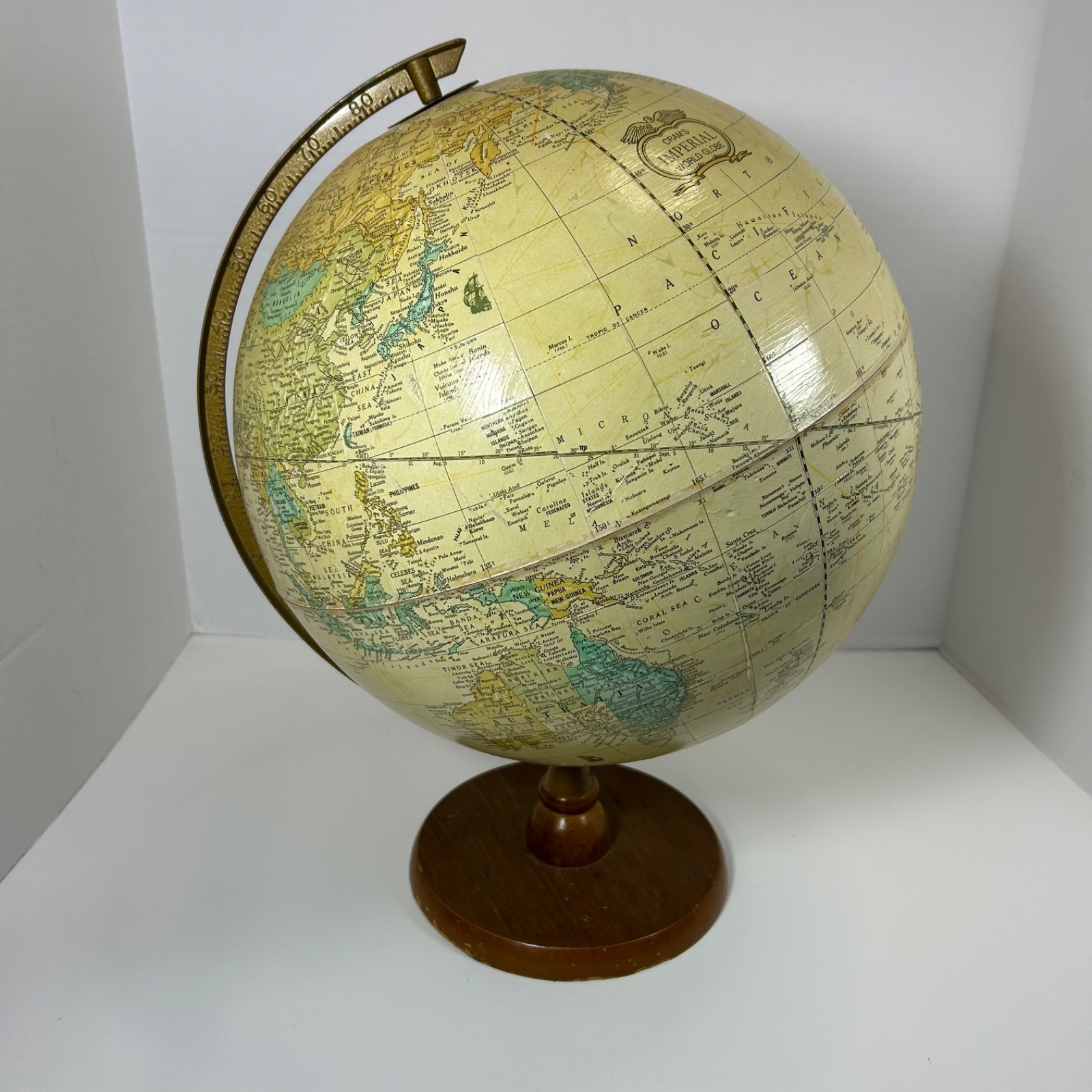 VINTAGE CRAM'S IMPERIAL WORLD 12 INCH GLOBE BEIGE CREAM COLOR WOOD BASE