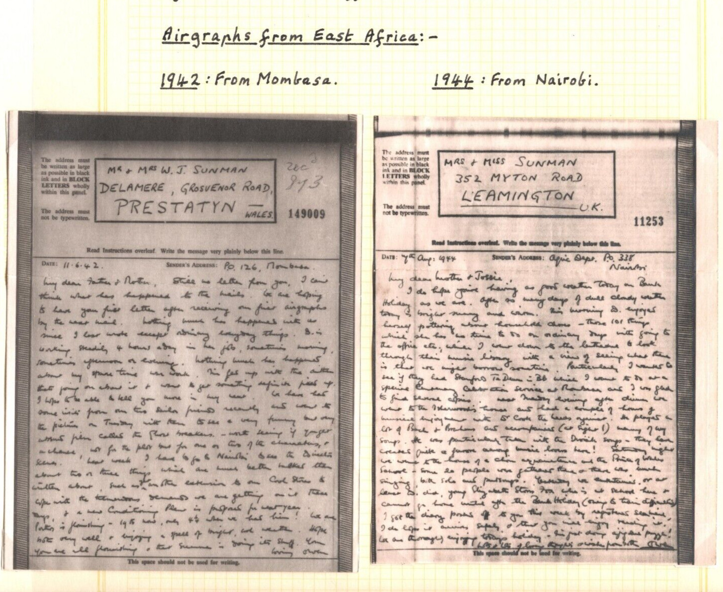 GB WW2 AIRGRAPH{2} Military EAST AFRICA Wales Prestatyn Leamington 1942/44 MAL12