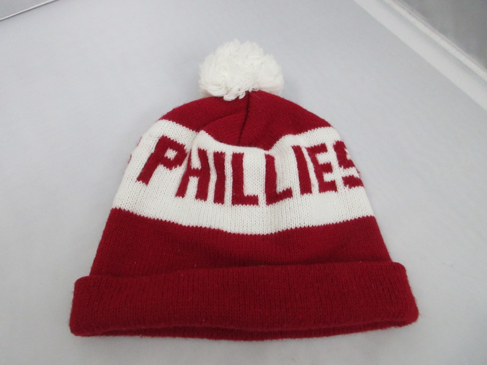 Vintage Philadelphia Phillies Small Adult Winter Knit Hat Red Pom-Pom
