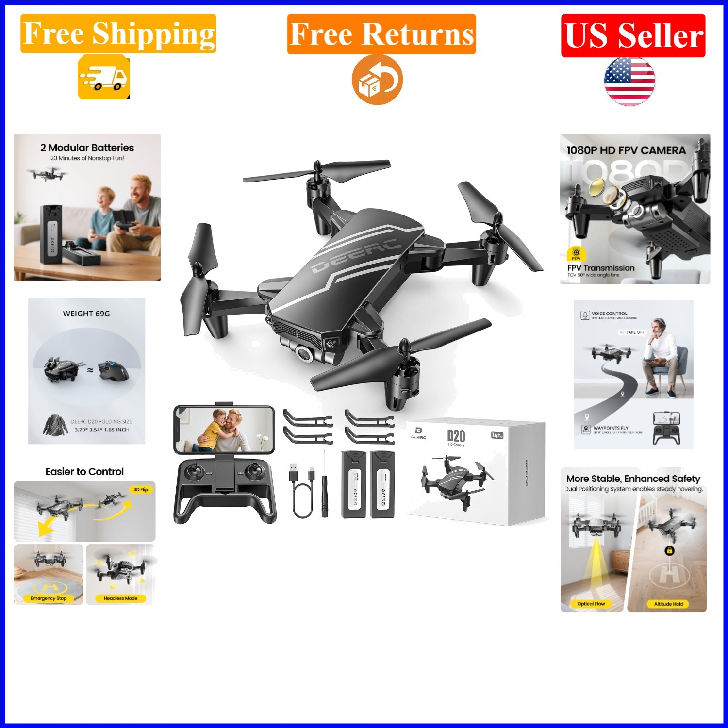 Mini D20 Drone for Kids with 1080P Camera, Voice Control, 2 Batteries, Black