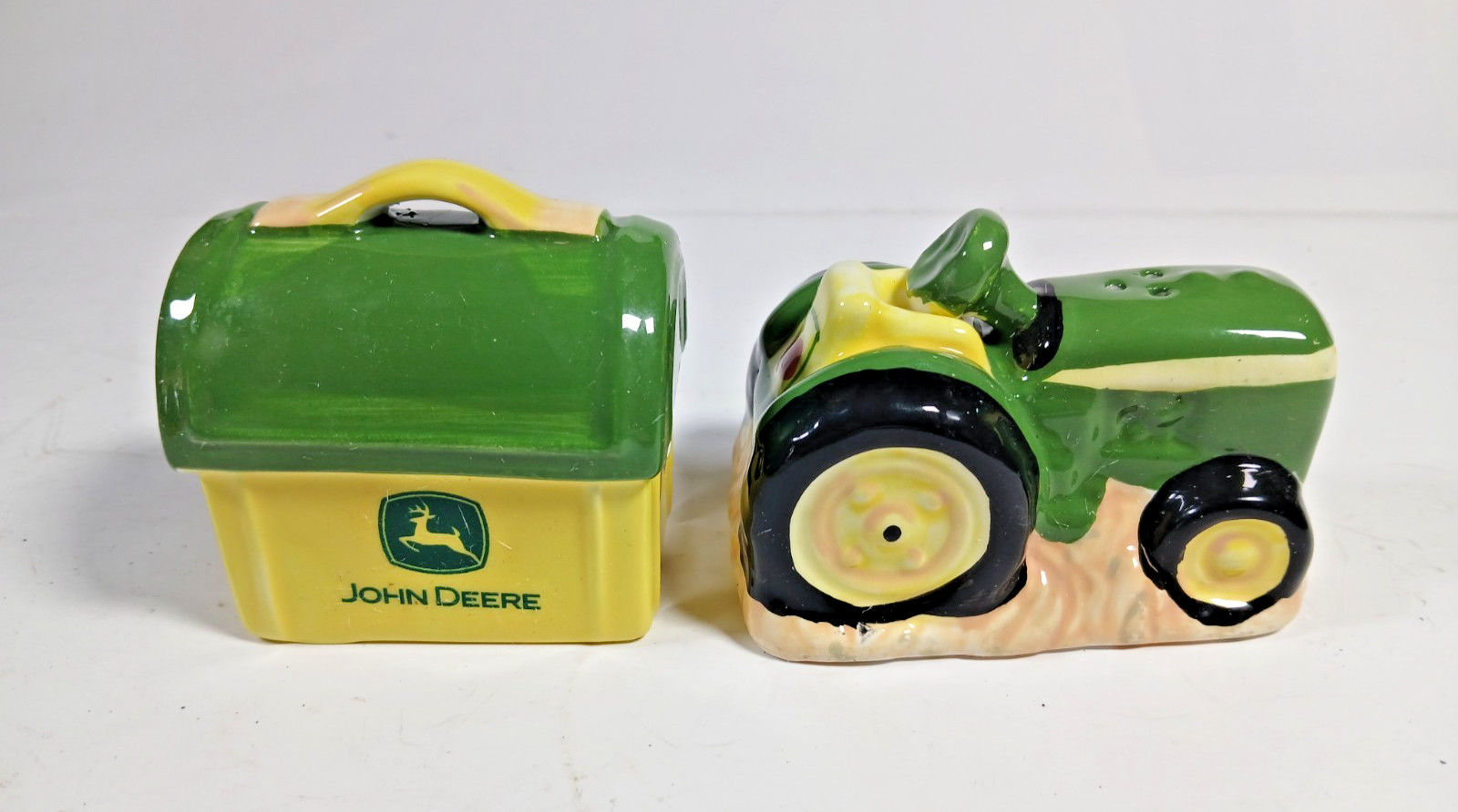 Retired Gibson John Deere Generations Tractor Salt Lunch Pail Pepper Shaker Set