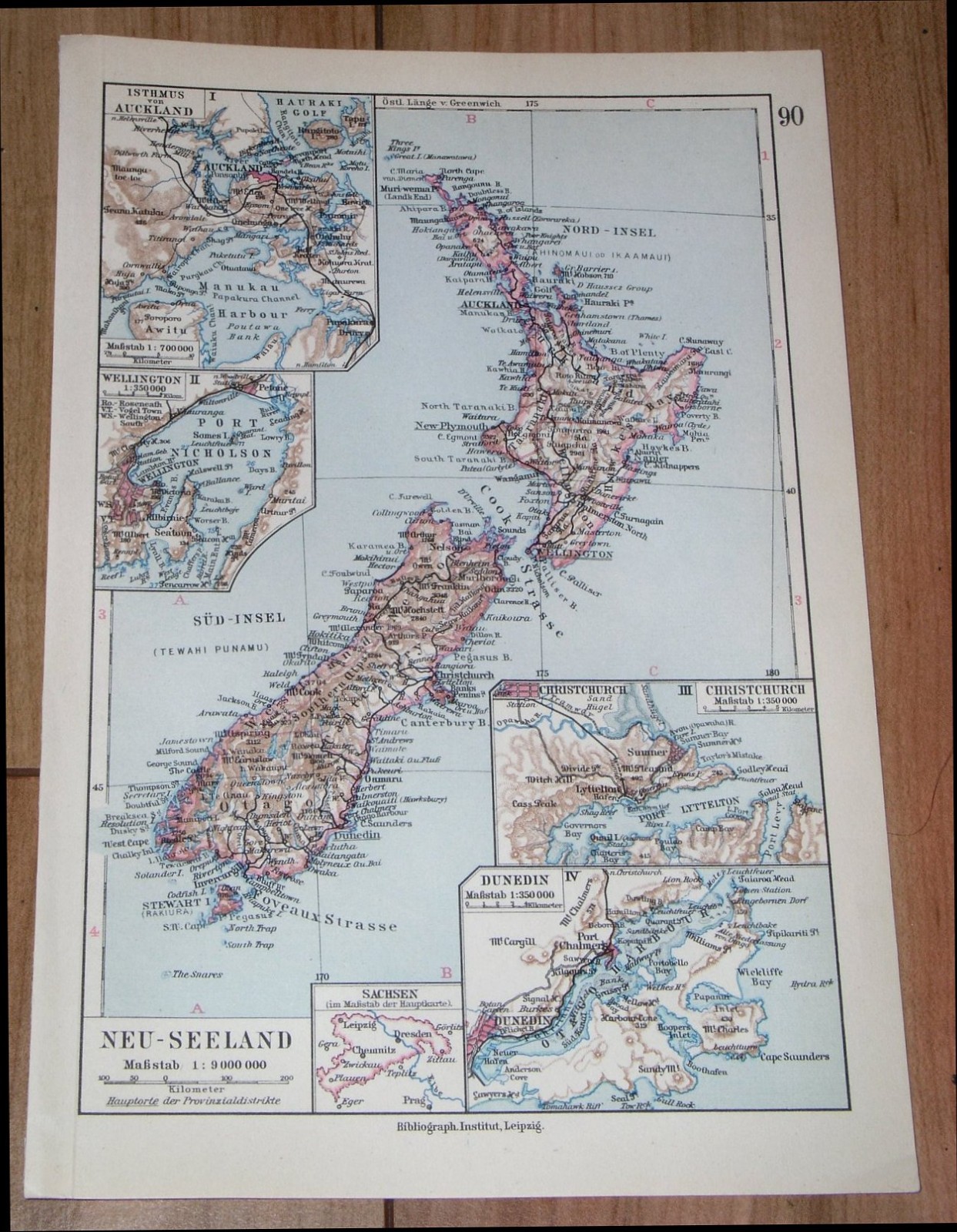 1924 ORIGINAL VINTAGE MAP NEW ZEALAND AUCKLAND WELLINGTON CHRISTCHURCH DUNEDIN