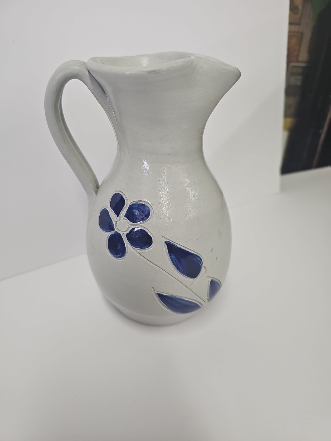 Williamsburg Pottery Handmade Pitcher Jug Salt Glazed Cobalt Blue Flower Stamped