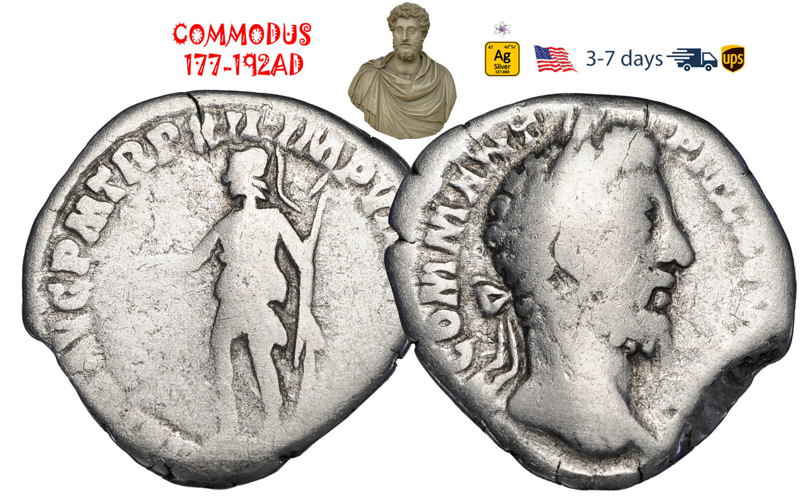 Ancient Roman Empire Coin Silver Denarius COMMODUS 177 - 192 AD Authentic #32412