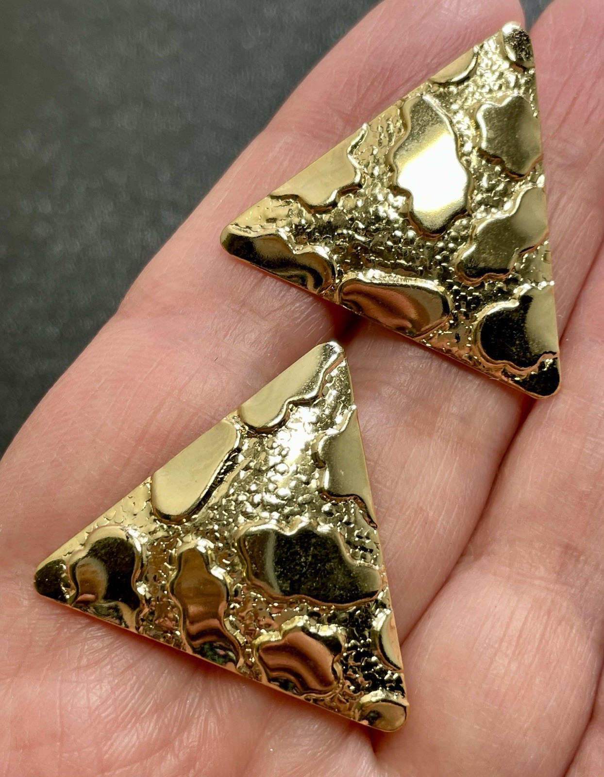 Vintage 1.1” Gold Tone Textured Triangle Drop Earrings