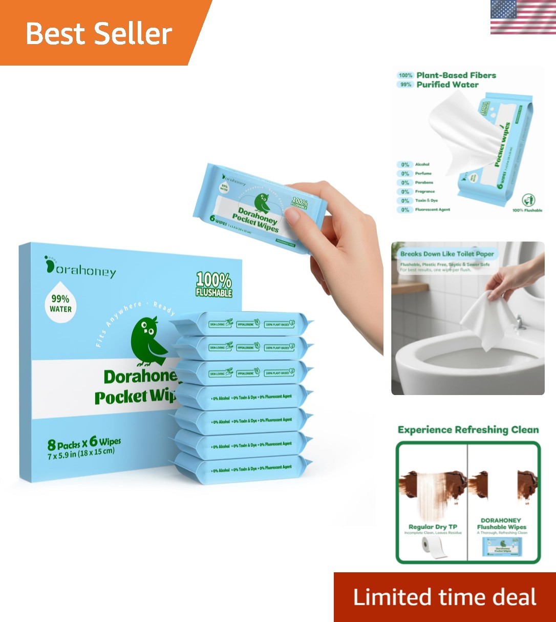 Flushable Wipes Travel Size, 99% Water Mini Wet Wipes for Sensitive Skin, Hyp...