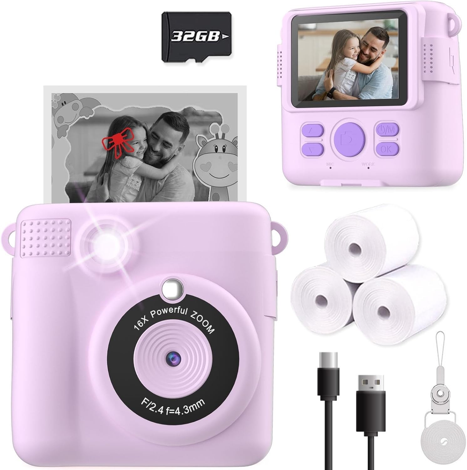 Instant Print Camera for Kids, Gifts HD Digital Video Cameras with 32GB SD Card