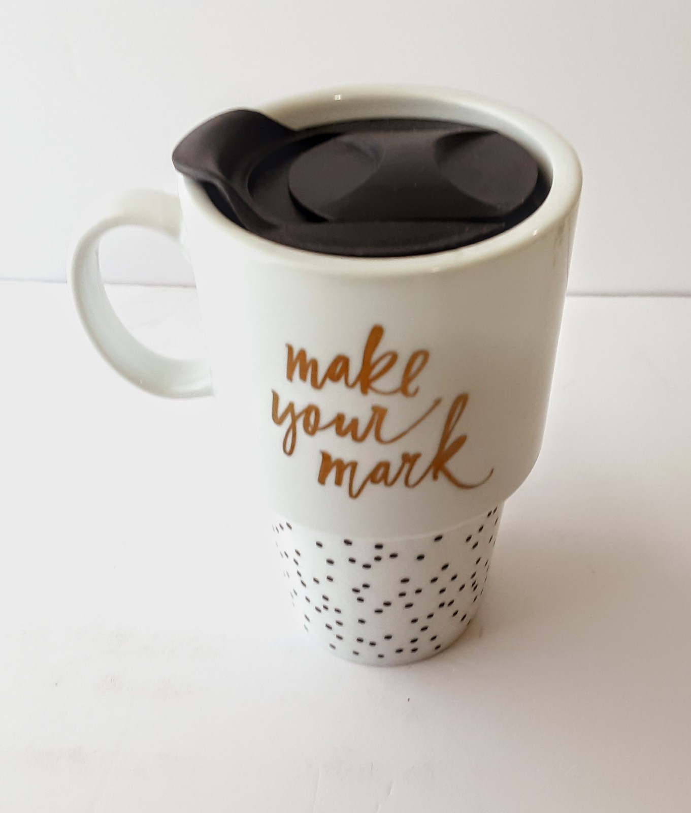 Fringe Ceramic Travel Mug W Lid " MAKE YOUR MARK " In Gold- White & Black Dots