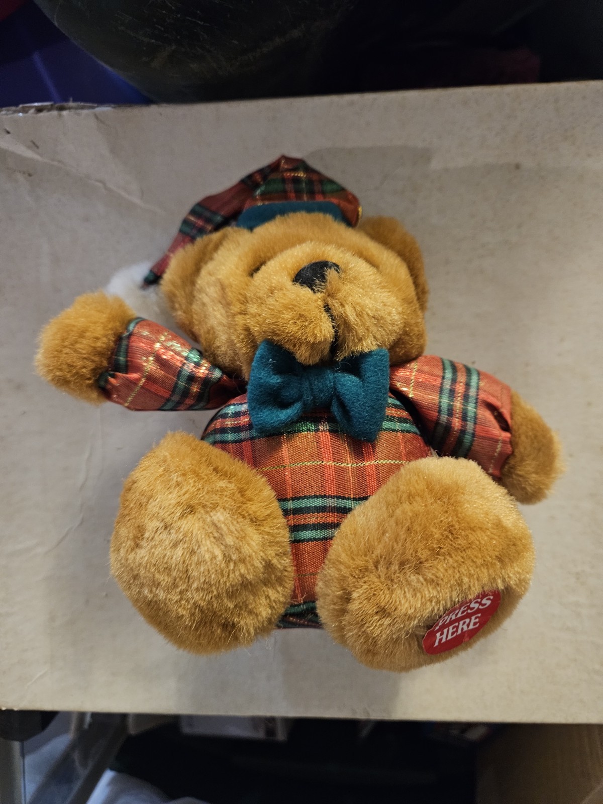 Brown Plush Bear with Plaid Outfit, Bow Tie, Hat, Press Here Button
