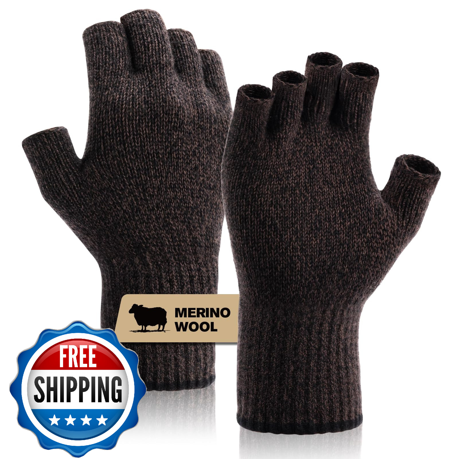 SONORAN Merino Wool Fingerless Gloves L Black Brown Thermal Hunting Fishing Outd