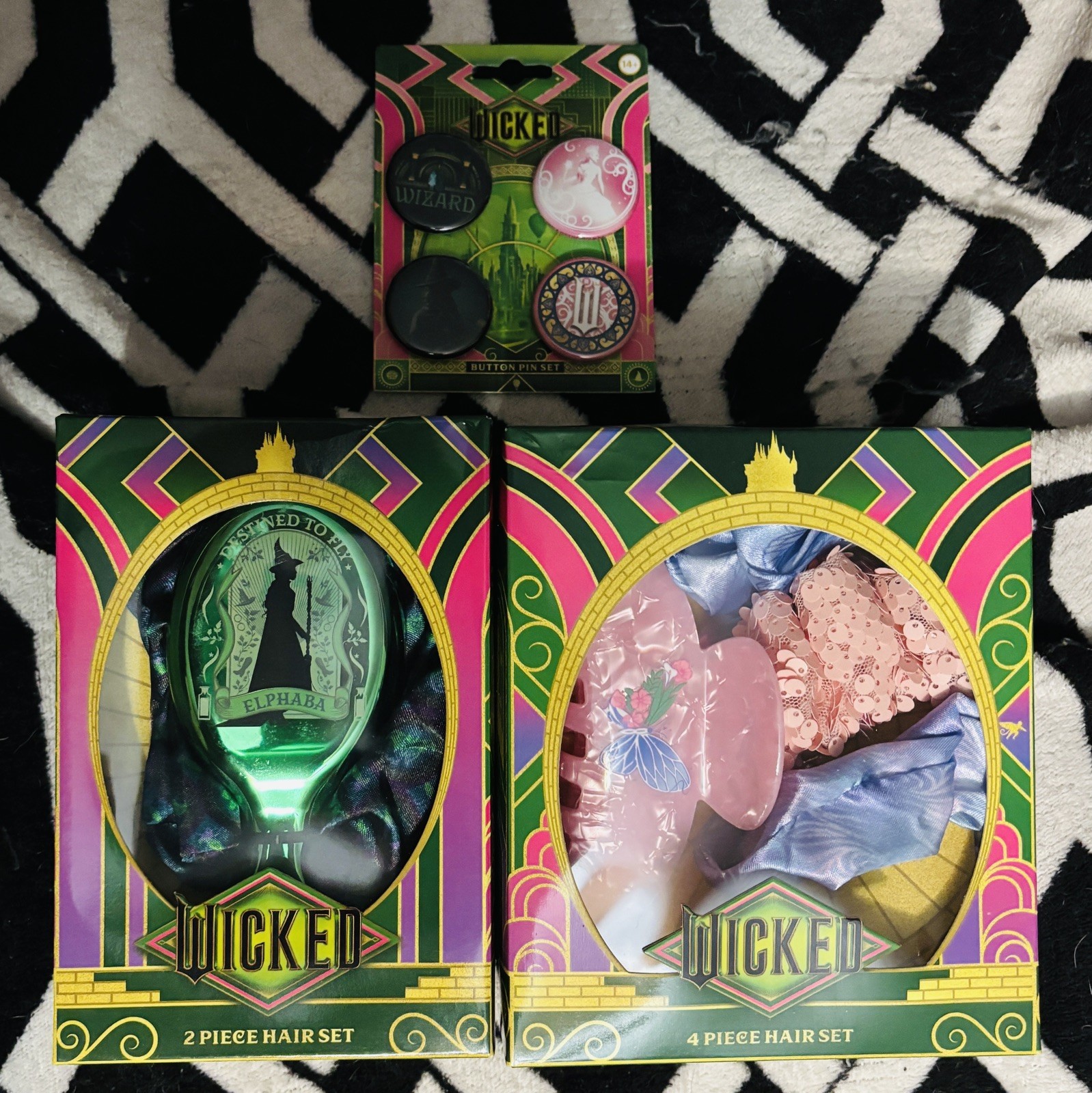 🧹 WICKED BUNDLE•ELPHABA 2 pc Hair Set• GLINDA 4 pc Hair Set• Button Pin Set