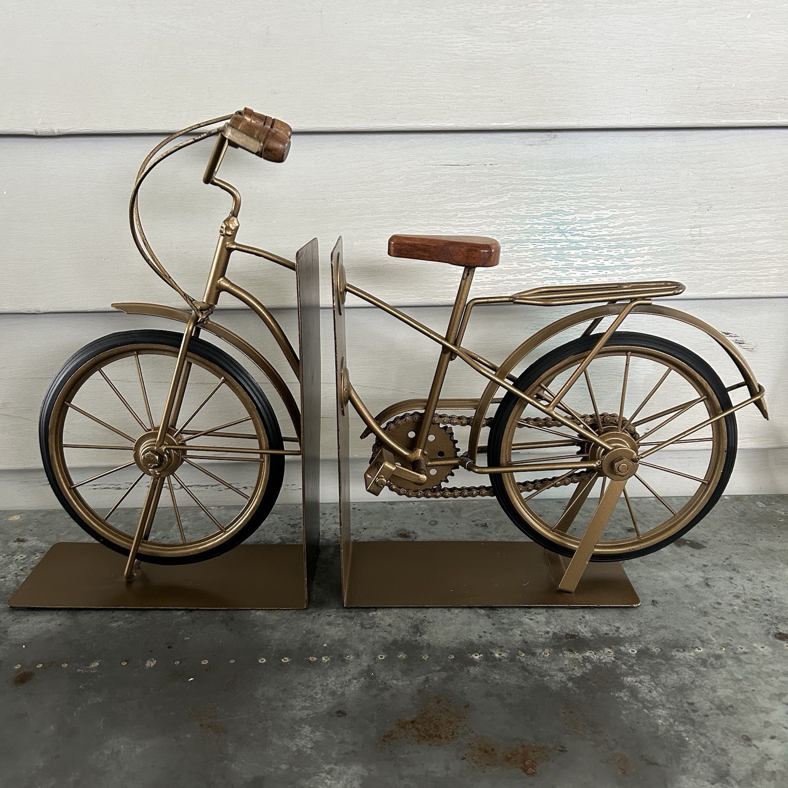 VTG Pier 1 Imports Metal Bicycle Bookends Heavy Gold Tone Wood Retro Bike Set