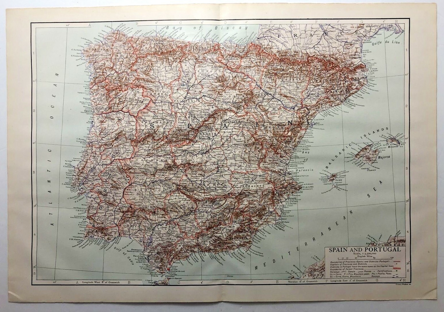 1910 Vintage SPAIN & PORTUGAL Atlas Map Old Antique Encyclopedia Britannica