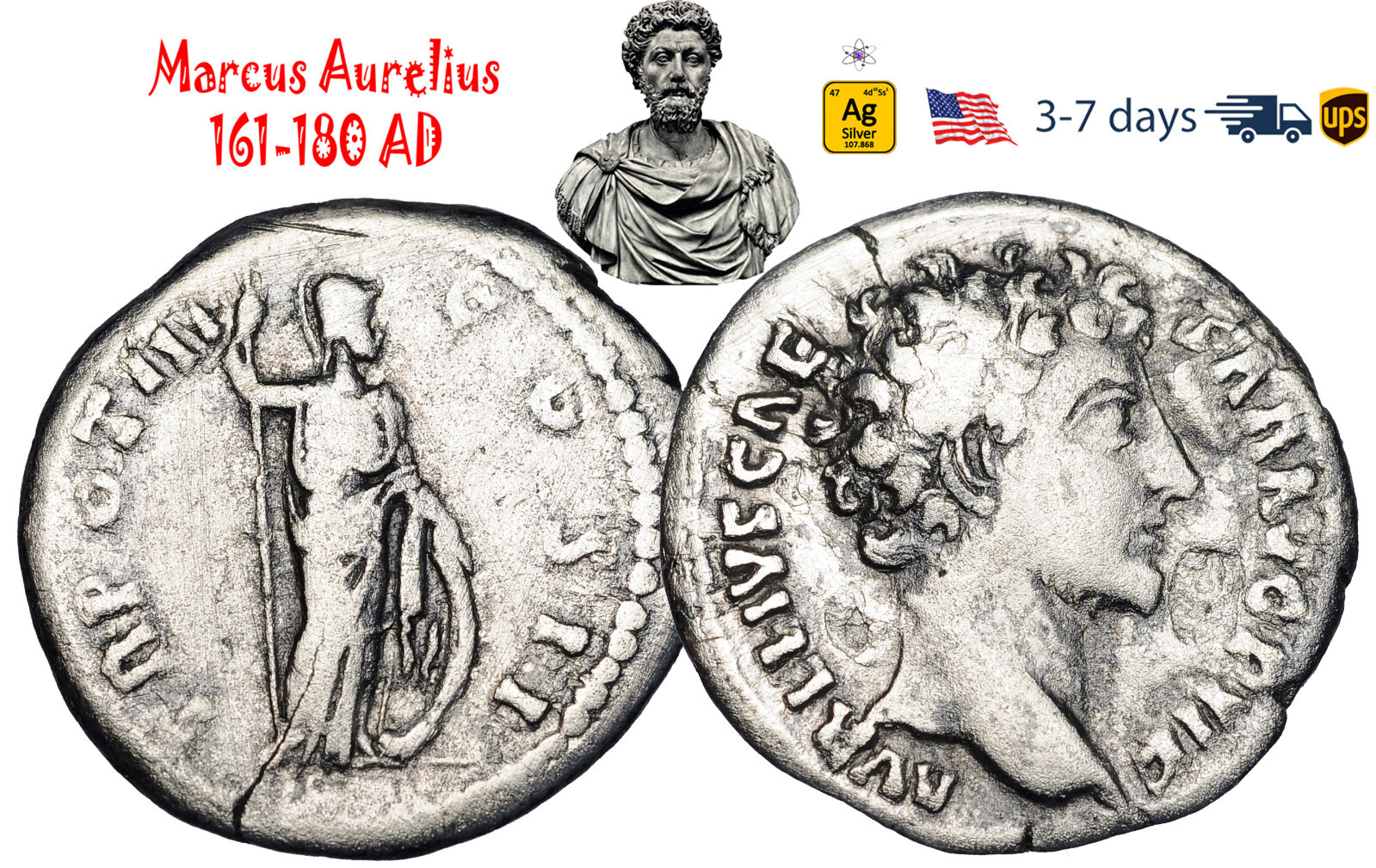 Ancient Roman Empire Coin Silver Denarius Marcus Aurelius 161 180 AD #33340