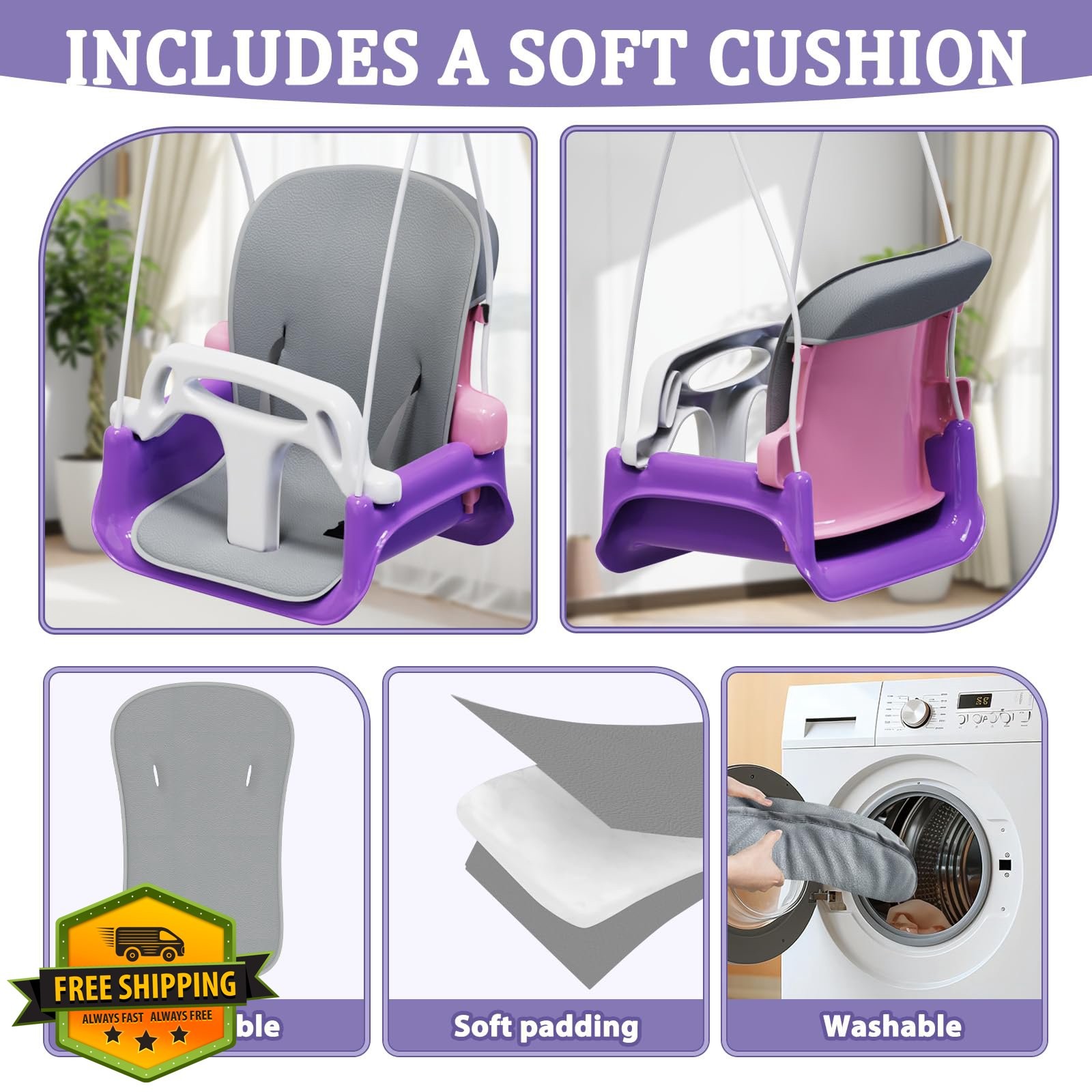 Toddler Swing Soft Cushion Foldable Indoor Outdoor Baby Swing Pink