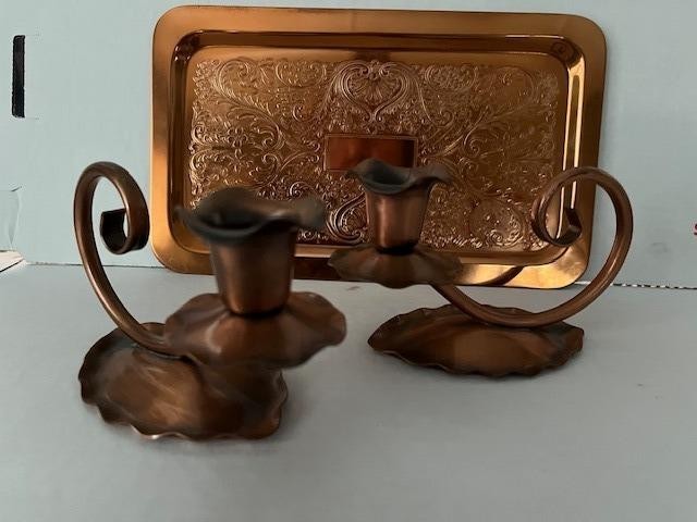 Vintage Gregorian Copper Candle Holders & Rogers 6 X 9 Copper Tray