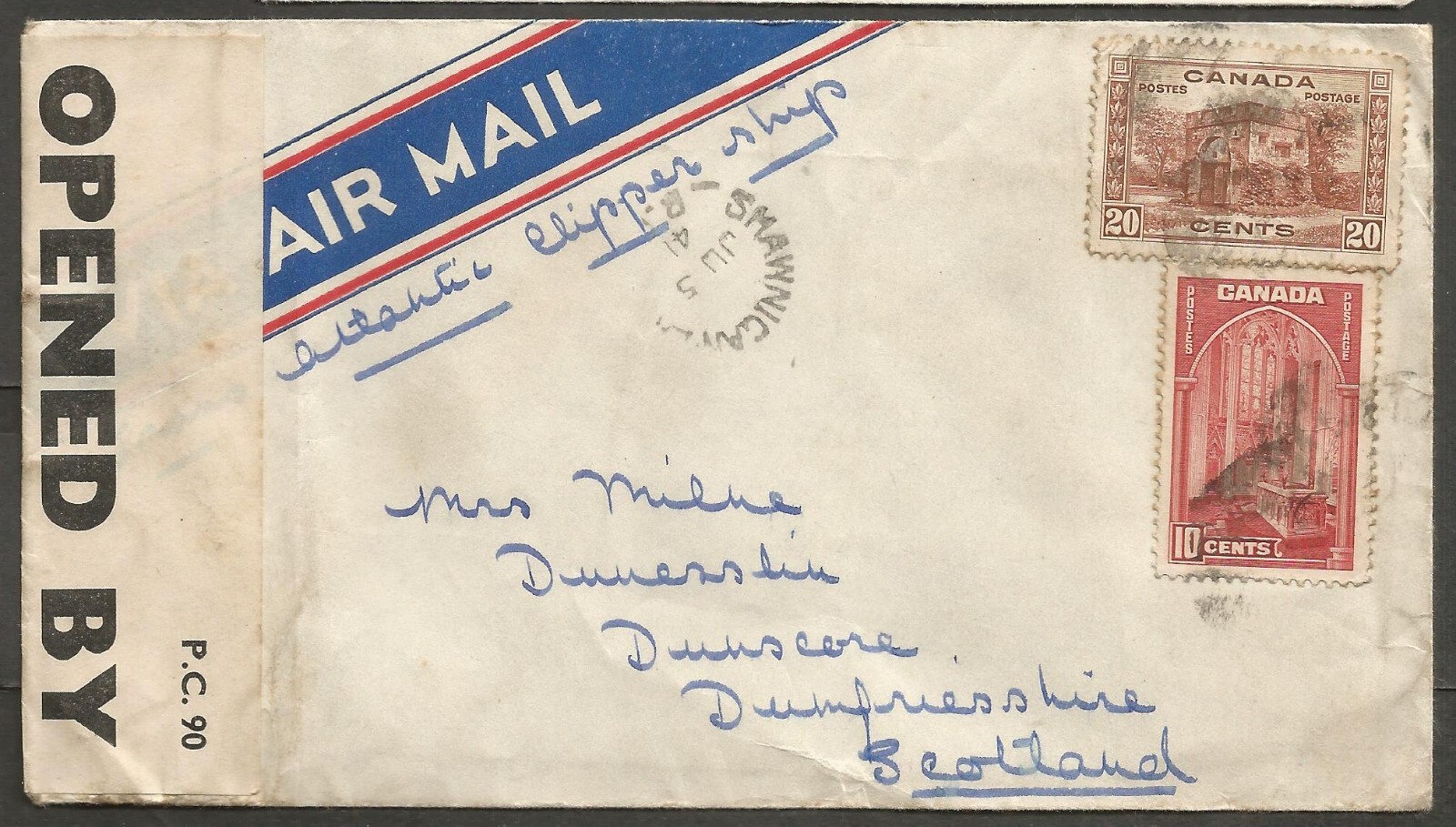 1941 Transatlantic Airmail Cover 30c Fort/Chamber Split Ring Shawnigan Lake BC