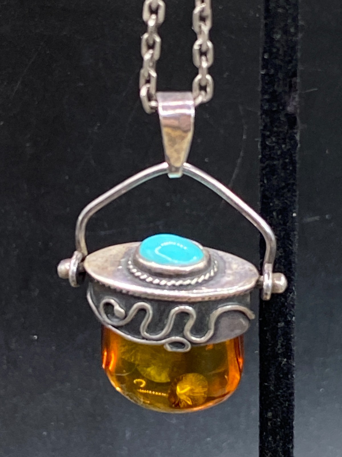 Artisan sterling amber & turquoise snake, Etruscan style pendant, 21"necklace